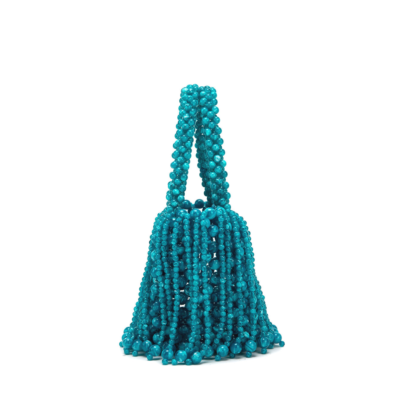 Turquoise beaded handbag on a white background
