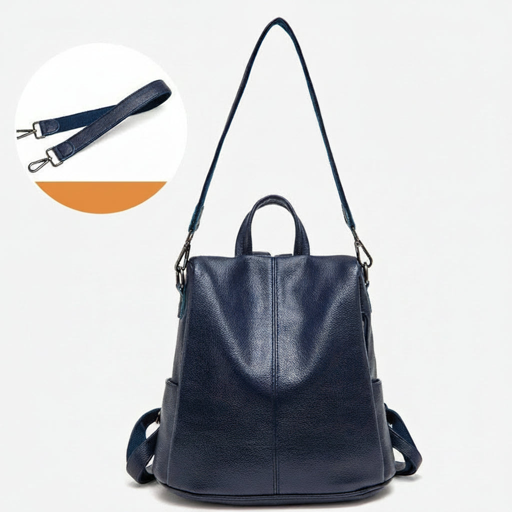 Navy blue backpack with adjustable strap on a white background